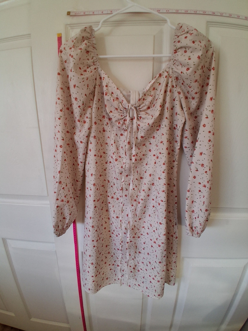 ROMWE Cream Mini Dress with Red Floral Print and Tie Front
